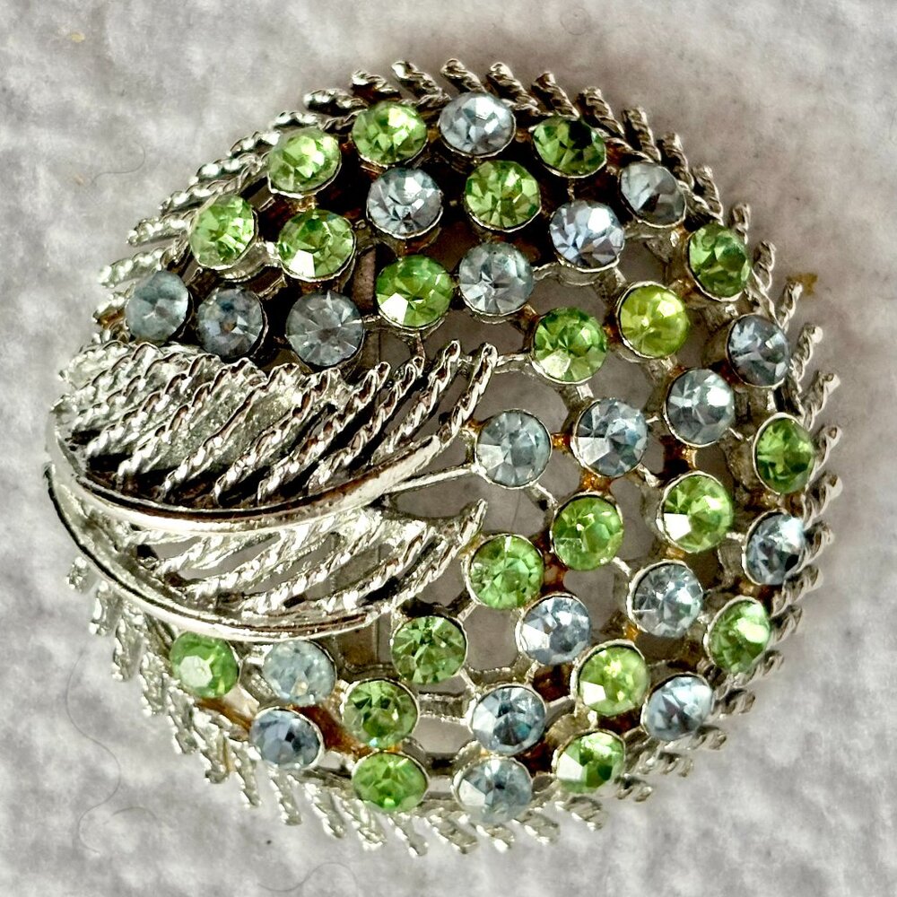 Green Blue Rhinestone Brooch Unsigned